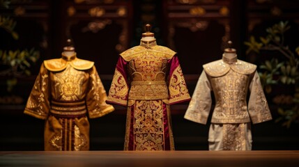 Obraz premium Thai costumes displayed on stage, featuring golden accents and rich colors, with copy space