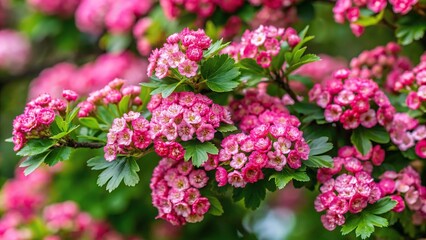 Pink hawthorn flowers on blooming bush in May, high angle view
