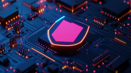 Fototapeta premium A close-up of a futuristic microchip features a shield symbol with a glowing pink center and blue outline, representing cybersecurity.