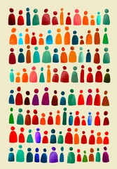 A colorful painting of people in a row. The painting is titled "People". The painting is a representation of a diverse group of people, with each person having a different color