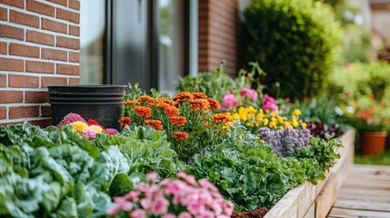 Colorful Flowers Growing in Wooden Raised Garden Bed