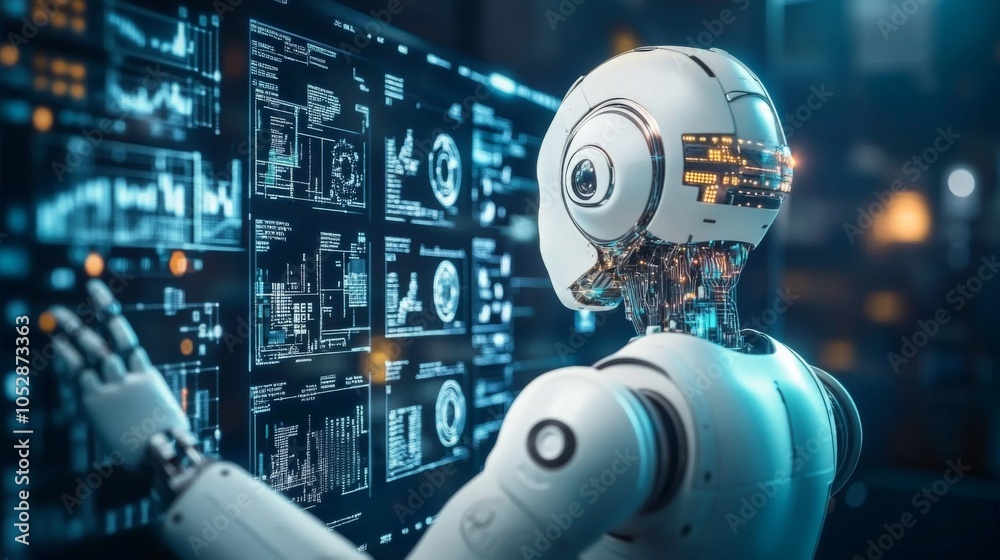 Poster futuristic robot analyzing data on digital interface