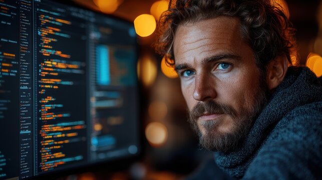 Close-up of a Man's Face Looking at Computer Code