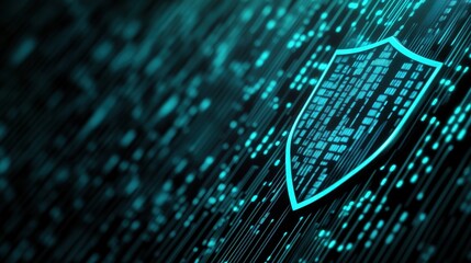 a futuristic digital shield, representing cybersecurity. Surrounded by glowing binary code, it conveys advanced technology and security, suitable for tech and cybersecurity sectors.
