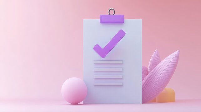 A modern 3D illustration of a clipboard with a purple check mark on a pastel pink background, complemented by soft, round shapes and stylized leaves, symbolizing productivity and accomplishment.