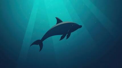 Fototapeta premium A serene underwater a dolphin swimming through deep blue waters, with sunlight filtering down, creating ethereal rays. Ideal for marine life, nature conservation, and wellness projects.