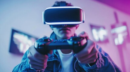 Interactive VR game developer testing a new game, VR headset and controllers in hand, focus on game mechanics, perfect for gaming stock photos,