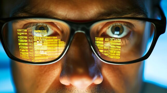 Businessperson peering over glasses at financial reports with highlighted data