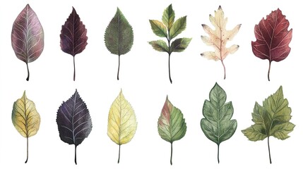 Diverse Collection of Autumn Leaves, Featuring a Variety of Shapes and Colors in Vector Illustration, Perfect for Seasonal Designs and Natural Themes on a Clean White Background