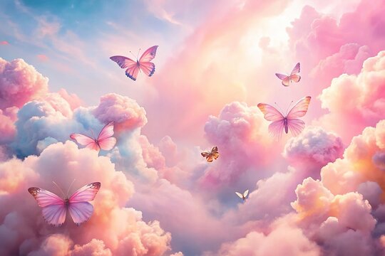 Fototapeta Pink pastel cloud with butterflies on sky background abstract texture wallpaper