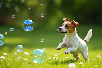 jack russell dog playing with soap bubbles in summer park.
