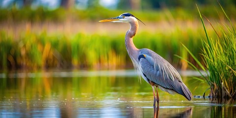 Naklejka premium Majestic great blue heron standing in a serene wetland habitat, bird, wildlife, nature, feathers, water, wetland