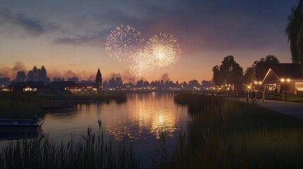 Naklejka premium Peaceful Night Sky Over Vibrant Lake Scenery