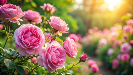 pink roses in a garden on a bright morning