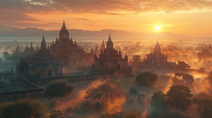 Fototapeta premium Ancient Temples in Myanmar at Sunrise Golden Light Fog Landscape
