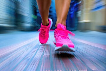 Dynamic close-up of a woman's feet in bright pink sneakers capturing motion and energy on city streets