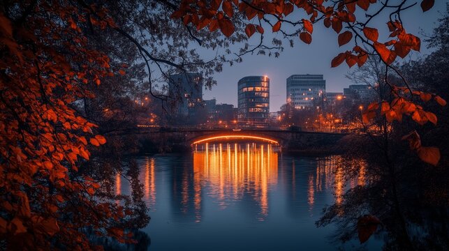 A tranquil evening by the Lessing Bridge connecting Berliner Hansaviertel and Moabit, adorned in autumn colors and city lights