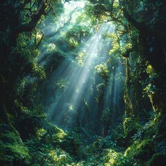 A serene, lush rainforest scene showcasing vibrant greenery and sunlight streaming through the dense canopy, creating a tranquil and inviting atmosphere.