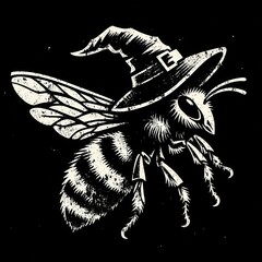 Obraz premium A whimsical illustration of a bee wearing a witch's hat, combining elements of nature and fantasy with a playful, Halloween theme.