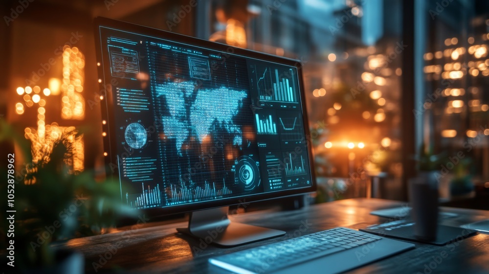 Poster modern workspace with data visualization on monitor