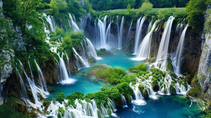 Obraz premium Majestic Waterfall Cascade in Lush Green Forest