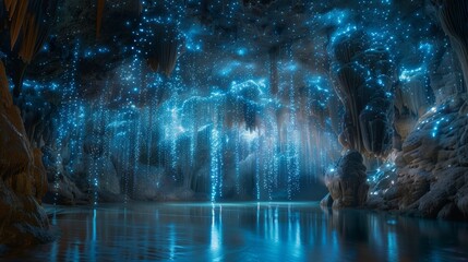 Obraz premium Bioluminescent Cave with Water Reflection and Stalactites