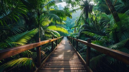 Obraz premium Wooden Bridge Pathway Through Lush Tropical Rainforest