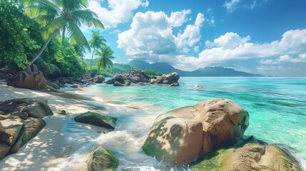 Obraz premium Tropical Beach Paradise with Palm Trees White Sand and Clear Turquoise Water