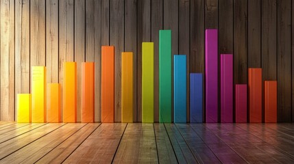 Obraz premium Colorful bar charts on a wooden surface illustrate steady business growth in an office environment