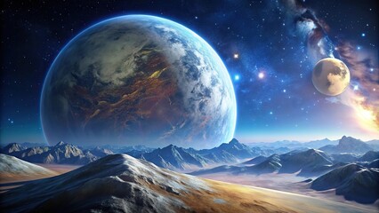 Planet with moon and mountains in background