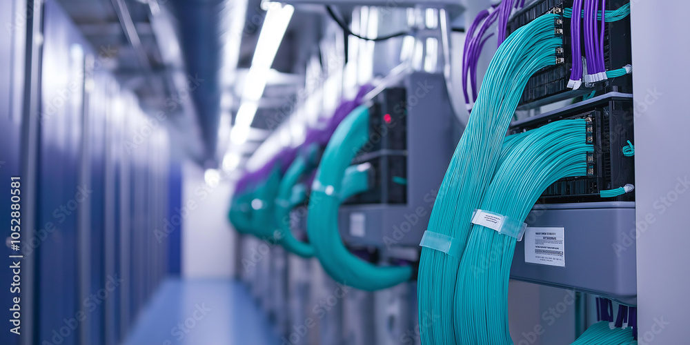 Poster network panel, switch and cable providing high speed internet in modern data center
