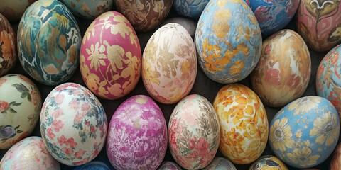 Colorful easter eggs decorated with floral patterns creating a festive background