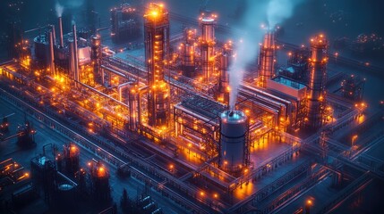 Obraz premium An aerial view of a large industrial complex at night, illuminated by bright lights.