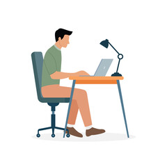 Man with laptop working from home. Remote working design concept vector illustration