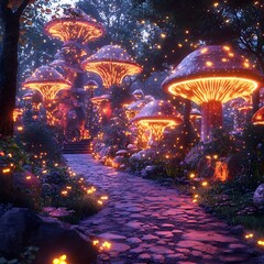 Fototapeta premium A magical nighttime scene featuring vibrant, glowing mushrooms illuminating a winding stone path in an enchanted forest, creating a whimsical and serene atmosphere.