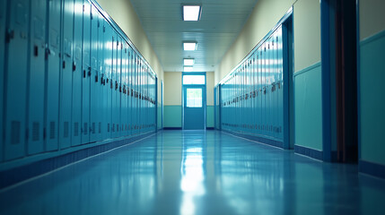Obraz premium Empty school hallway with blue lockers and floor reflecting light