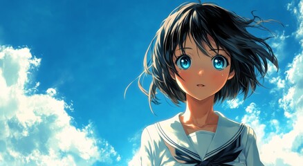 Obraz premium A cute girl with blue eyes and short dark hair wearing a white school uniform stands against a bright blue sky background, captured from the shoulders up, exuding a cheerful and youthful vibe.