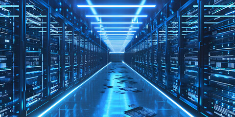 Blue-Lit Data Center Aisle with Server Racks," "High-Tech Data Storage Facility Interior