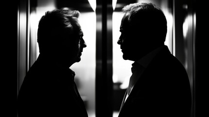 Dramatic Silhouette of Two Men in an Elevator