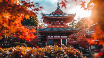 Obraz premium Japanese Pagoda Temple Autumn Foliage Landscape