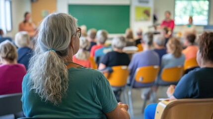 Mental health education workshop, presenter explaining mental wellness concepts, attentive audience, classroom setting, promoting awareness, stock-ready image,