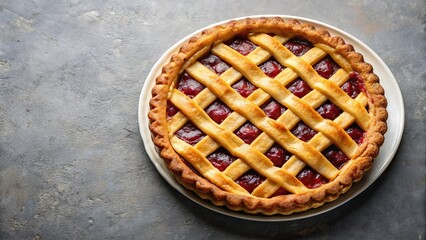 Plate of crostata with jam custard and chocolate filling decorated with lattice strips of dough