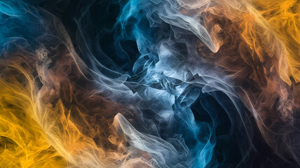 Abstract swirling smoke in blue, orange, and gray hues, creating a dynamic and visually striking texture. Ideal for backgrounds, digital art, and creative designs.