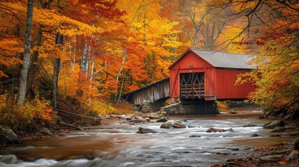 Red Covered Bridge in Autumn Forest Landscape with Stream