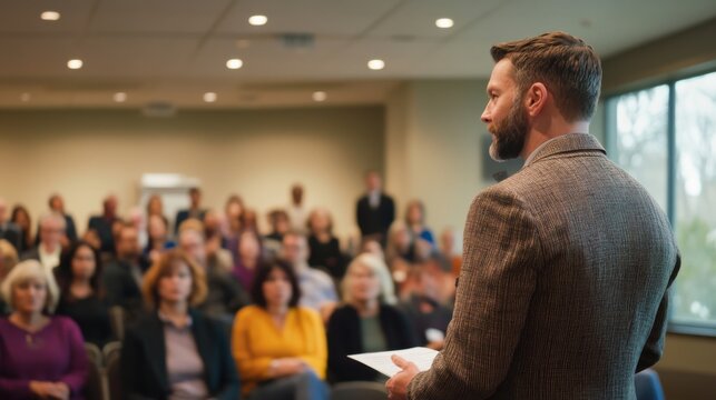 Mental health advocate speaking at a public event, audience listening attentively, energetic atmosphere, promoting awareness and change, ideal for stock photos,