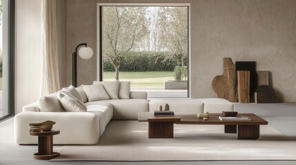Minimalist aesthetics, simple and clean living room design with neutral tones, focus on comfort and elegance, large window for natural light, perfect for stock photos,
