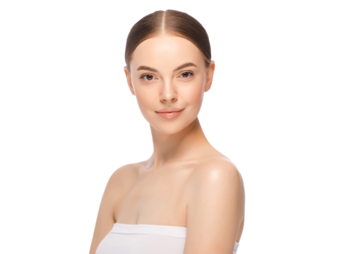 Young beautiful woman with brown eyes standing with naked shoulders, concept of female skin care and beauty
