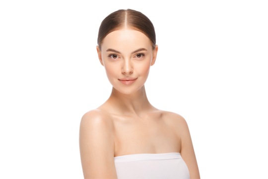 Skin care treatment or cosmetic ads concept. Beauty woman face looking at camera. Beautiful model with perfect clean fresh skin
