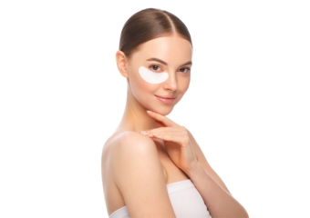 Beauty portrait of young beautiful woman, wearing eye patch to remove puffiness