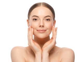 Close-up portrait of young beautiful smiling female touching cheeks with fingers as if applying...